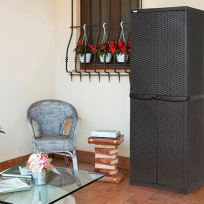 Mobile in Resina Rattan Wengé Scuro – Armadio 180x65x45 cm con Ripiani, Uso Esterno e Interno